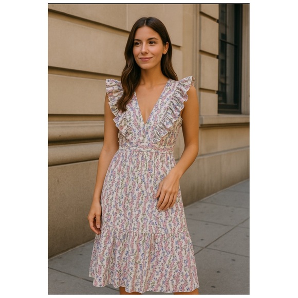 BY TIMO Floral Ruffle V Neck Midi Dress White Pink NWT Size XL - Picture 2 of 14